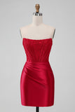 Sparky Red Strapless Bodycon Kort Cocktailkjole med blonder