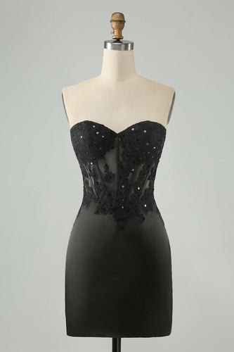 Sparkly Black Bodycon Sweetheart Corset Homecoming Kjole med applikationer