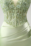Glitter grøn spaghetti stropper Beaded applikationer Stram korset hjemkomst kjole