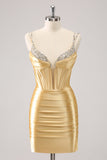 Golden Bodycon Spaghetti stropper Korset Lace Up Tilbage Homecoming Kjole med Pailletter