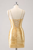 Golden Bodycon Spaghetti stropper Korset Lace Up Tilbage Homecoming Kjole med Pailletter