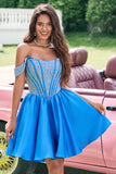 Glitrende blå En linje Off the Shoulder Satin Ruffle Homecoming Kjole med Perle.