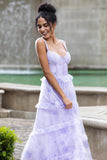 Lavendel A Line korset Spaghetti Stropper Floral Tiered bryllupsfest kjole