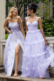 Lavendel A Line korset Spaghetti Stropper Floral Tiered bryllupsfest kjole