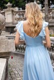 Himmelblå A Line Chiffon plisserede flæseærmer Gulvlang kjole med slids