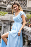 Himmelblå A Line Chiffon plisserede flæseærmer Gulvlang kjole med slids