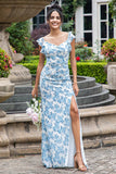 Hvid blå blomst havfrue print Maxi bryllupsfest gæstekjole med slids