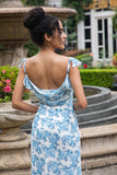 Hvid blå blomst havfrue print Maxi bryllupsfest gæstekjole med slids
