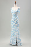 Hvid blå blomst havfrue lang brudekjole med slids