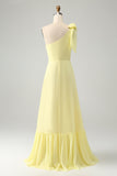 A Line One Shoulder Yellow Long Wedding Guest Dress med slids