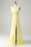 A Line One Shoulder Yellow Long Wedding Guest Dress med slids