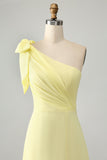 A Line One Shoulder Yellow Long Wedding Guest Dress med slids