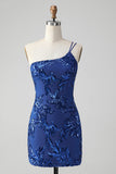 Sparkly Bodycon Royal Blue One Shoulder Pailletter Homecoming Kjole med broderi