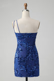 Sparkly Bodycon Royal Blue One Shoulder Pailletter Homecoming Kjole med broderi