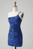 Sparkly Bodycon Royal Blue One Shoulder Pailletter Homecoming Kjole med broderi