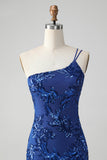 Sparkly Bodycon Royal Blue One Shoulder Pailletter Homecoming Kjole med broderi