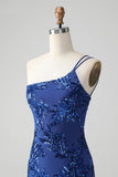 Sparkly Bodycon Royal Blue One Shoulder Pailletter Homecoming Kjole med broderi