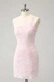 Glitter pink One Shoulder Tight Homecoming Dress med pailletter