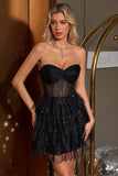 Sparkly Cute A Line Black Sweetheart Tiered Corset Cocktailkjole