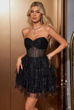 Sparkly Cute A Line Black Sweetheart Tiered Corset Cocktailkjole