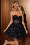 Sparkly Cute A Line Black Sweetheart Tiered Corset Cocktailkjole