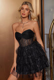 Sparkly Cute A Line Black Sweetheart Tiered Corset Cocktailkjole