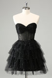 Sparkly A Line Black Sweetheart Tiered Corset Cute Cocktailkjole