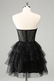 Sparkly A Line Black Sweetheart Tiered Corset Cute Cocktailkjole