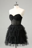 Sparkly A Line Black Sweetheart Tiered Corset Cute Cocktailkjole