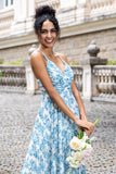 Hvid blå blomst A Line Spaghetti Stropper Maxi bryllupsfest gæstekjole