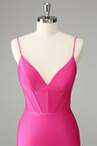 Fuchsia Bodycon Spaghetti Stropper Satin Cocktailkjole