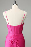 Fuchsia Bodycon Spaghetti Stropper Satin Cocktailkjole