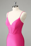 Fuchsia Bodycon Spaghetti Stropper Satin Cocktailkjole