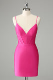 Fuchsia Bodycon Spaghetti Stropper Satin Cocktailkjole