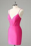 Fuchsia Bodycon Spaghetti Stropper Satin Cocktailkjole