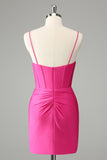 Fuchsia Bodycon Spaghetti Stropper Satin Cocktailkjole