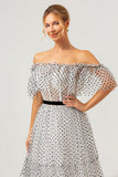 Hvid Sort A-linje Off The Shoulder Lang Gallakjole med Dot