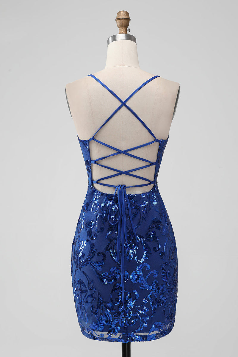 Indlæs billede til gallerivisning Royal Blue Bodycon pailletter kort homecoming kjole med snørebånd tilbage