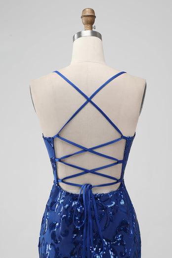 Royal Blue Bodycon pailletter kort homecoming kjole med snørebånd tilbage