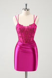 Fuchsia Bodycon Spaghetti Stropper Beaded Satin Kort Cocktail Kjole