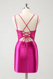 Fuchsia Bodycon Spaghetti Stropper Beaded Satin Kort Cocktail Kjole