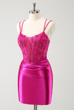 Fuchsia Bodycon Spaghetti Stropper Beaded Satin Kort Cocktail Kjole