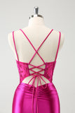 Fuchsia Bodycon Spaghetti Stropper Beaded Satin Kort Cocktail Kjole