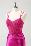 Fuchsia Bodycon Spaghetti Stropper Beaded Satin Kort Cocktail Kjole