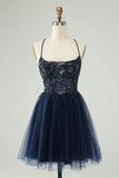 Glitter Navy A-Line Sequined Tulle Homecoming Kjole