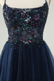 Glitter Navy A-Line Sequined Tulle Homecoming Kjole