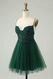 Glitter mørkegrøn A-line Beaded applikationer Tulle Homecoming kjole