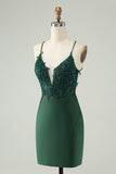 Glitter mørkegrøn stram V-hals Beaded Homecoming kjole