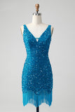 Sparkly Sage Bodycon V Neck Pailletter Kort Homecoming Kjole med kvast