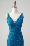 Sparkly Sage Bodycon V Neck Pailletter Kort Homecoming Kjole med kvast